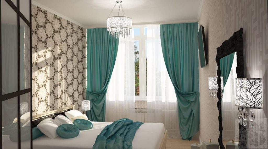 Мятные шторы в спальне современного дизайна