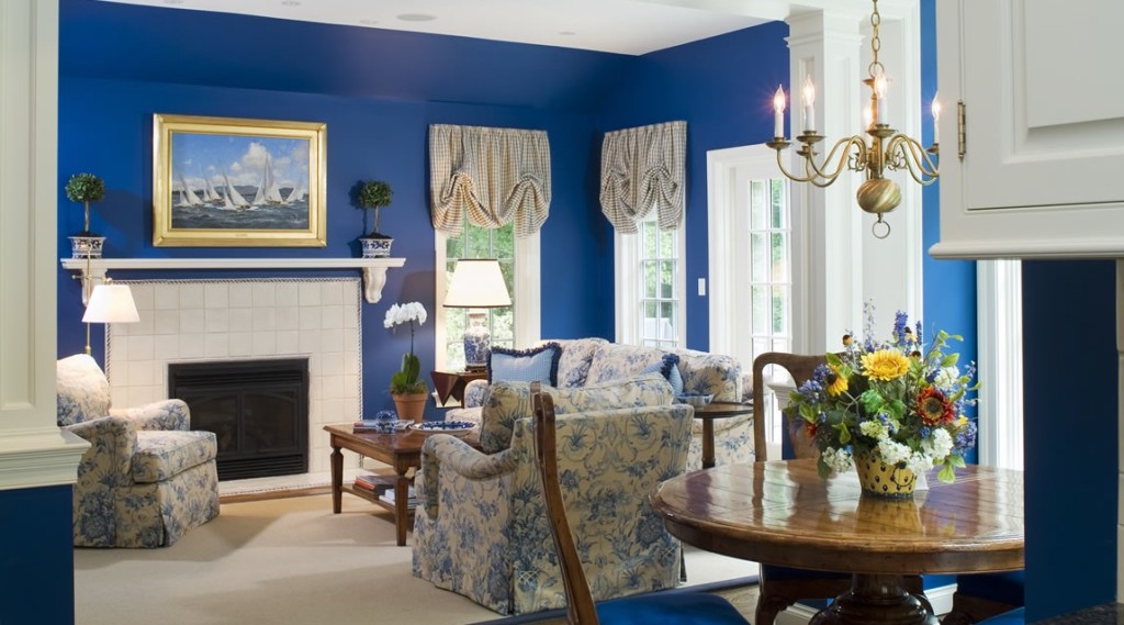 Синяя гостиная какие шторы фото