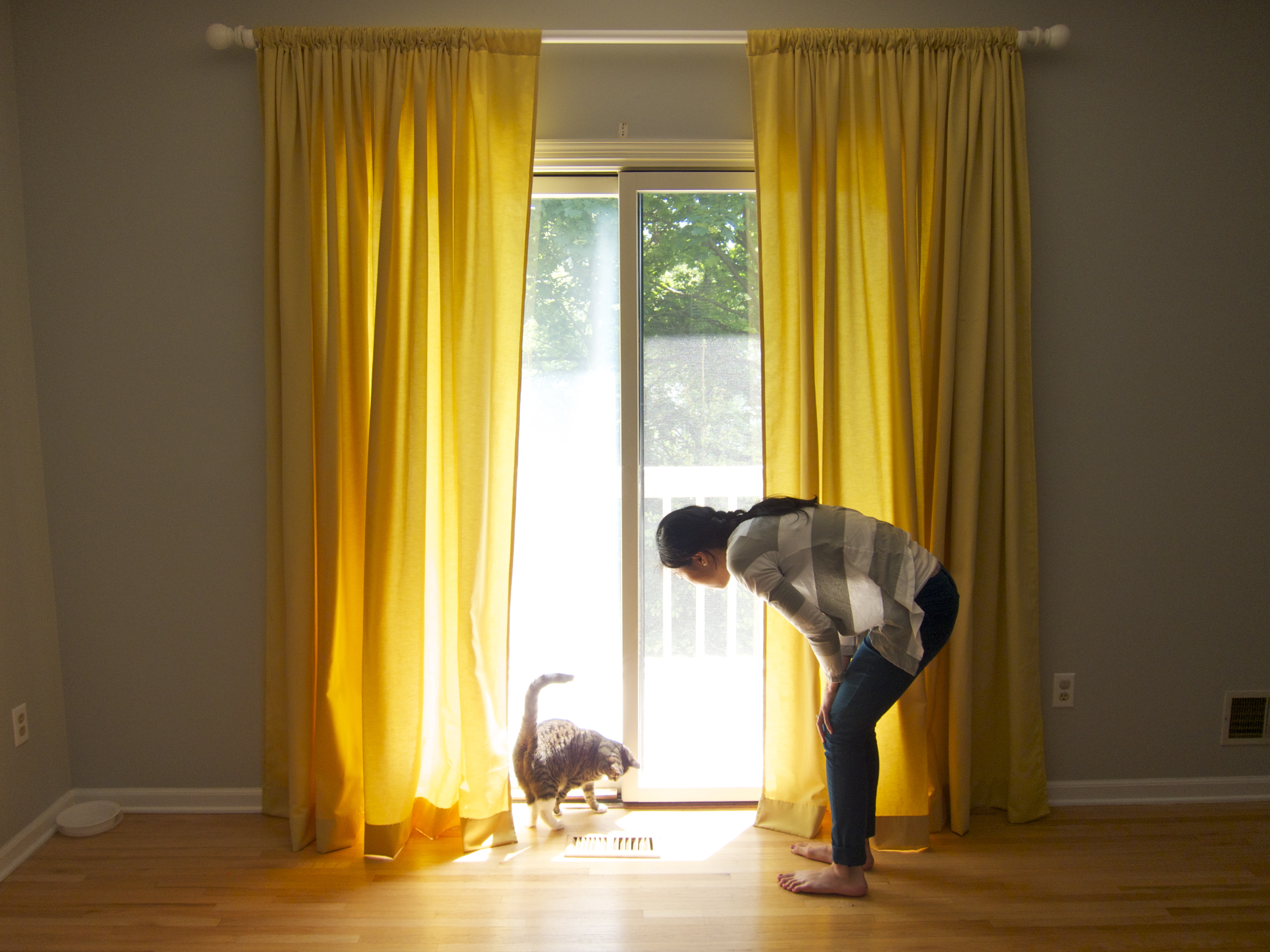 Девушка и кошка возле желтых штор