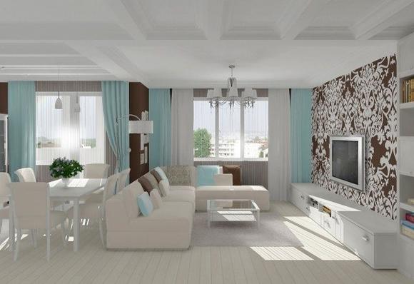 Белая мебель голубые шторы, интерьер гостиной-студии