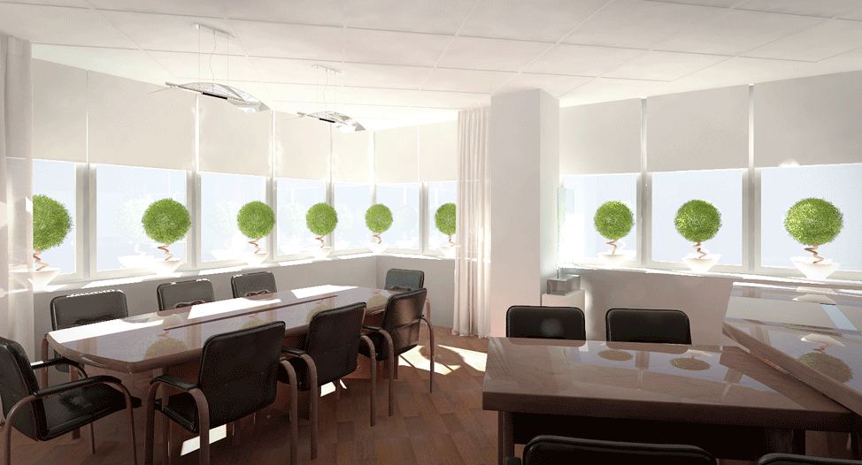 Свежий, модный, но стандартизированный дизайн кабинета совещаний - рулонные шторы